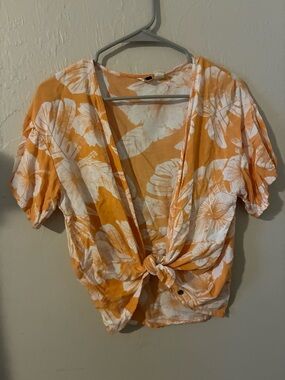 Roxy Orange and White Floral Tie-Front Blouse
